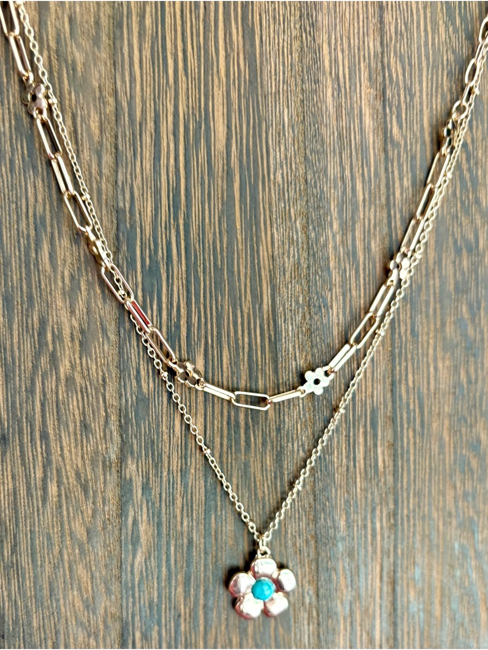 Layered Gold Flower Pendant Necklace with Turquoise Accent